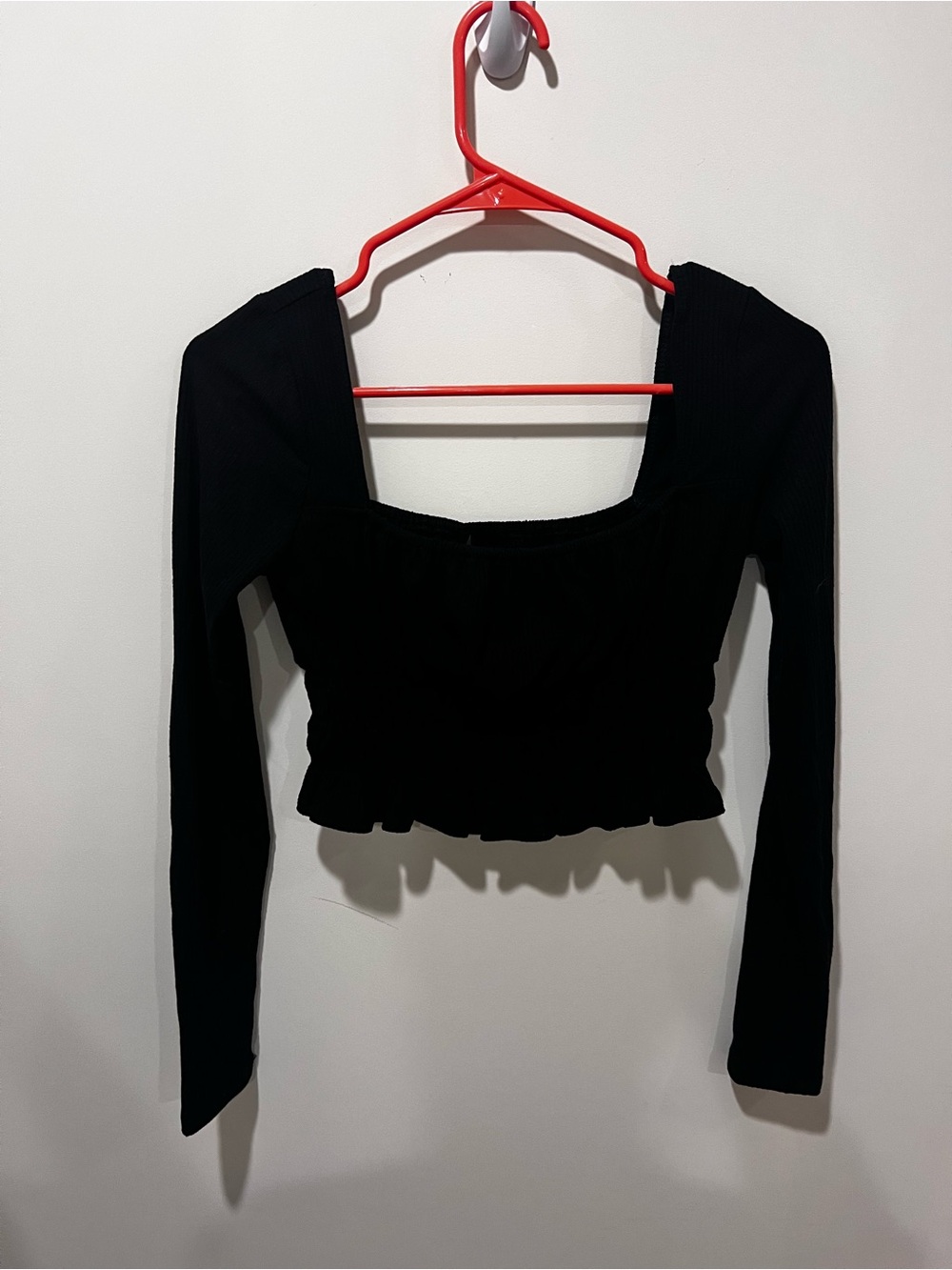 Forever 21 Black Square-Neck Long Sleeve Crop Top with Ruffle Hem